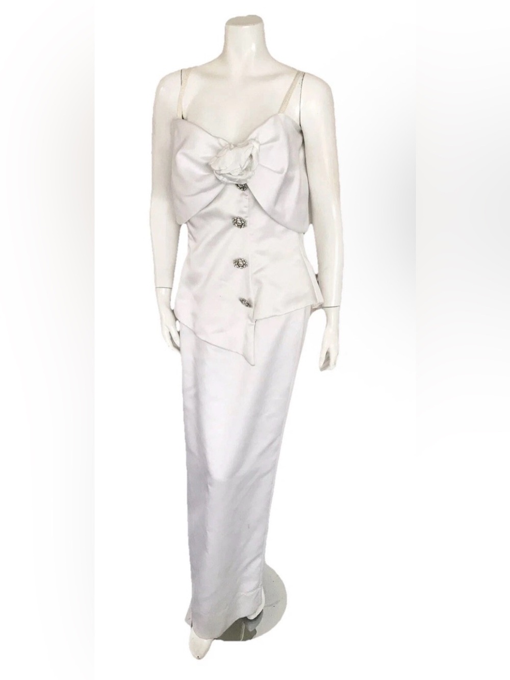 Vintage After Five By Julie Duroche White Satin Bow Front Floral Gown Dress 10